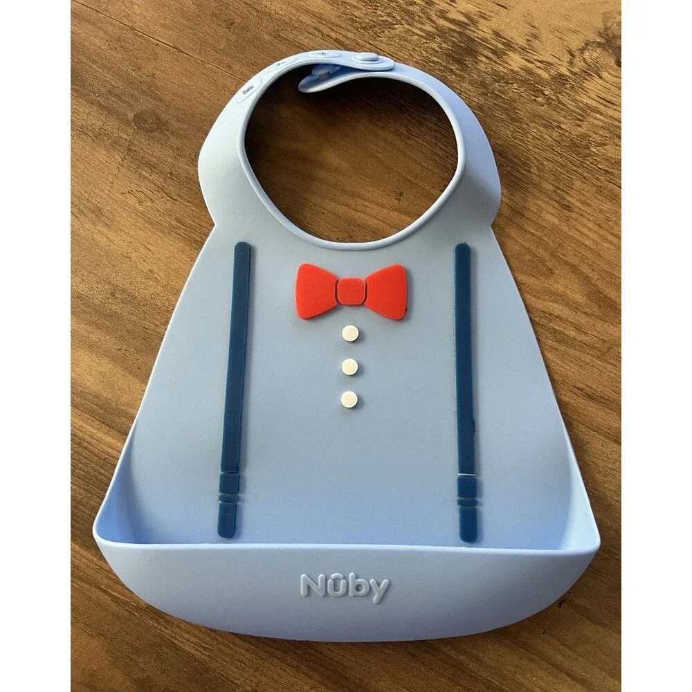 Nûby and Silly Goose Silicone Baby Feeding Bib, Dishwasher Safe, Blue